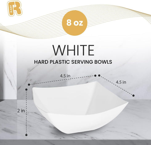 R-kay 6 Pack Square Plastic Serving Bowls - White Plastic bowls 8 oz - Small Plastic Bowls for Parties - Premium White Bowls For Weddings Catering...