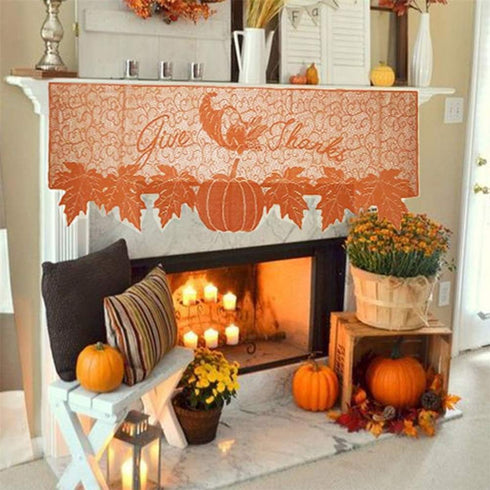 DoubleWood 20"x60" Thanksgiving Decor Fireplace Scarf Fireplace Cloth Pumpkin Lace Table Runner Fall Runner Mantle Scarves Cover for Thanksgiving ...