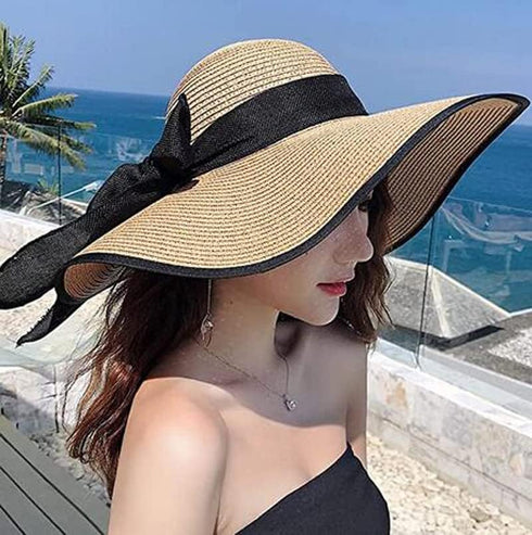 Women Girls Large Brimmed Garden Beach Sun Hat Big Summer Sun Hat Swimming Garden Beach Straw Hat Cap with Black Ribbons UPF 50+ for Traveling (Kh...
