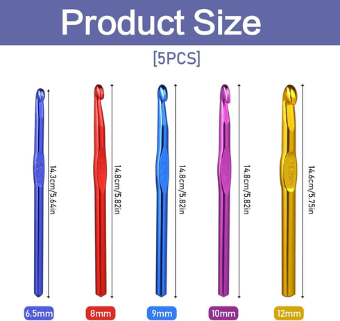 5 Pcs Crochet Hook Set 6.5m(K)/8mm(L)/9mm(M)/10mm(N)/12mm(O) Large Size Ergonomic Handle Aluminum Knitting Needles Craft Weave Yarn Set Colorful A...