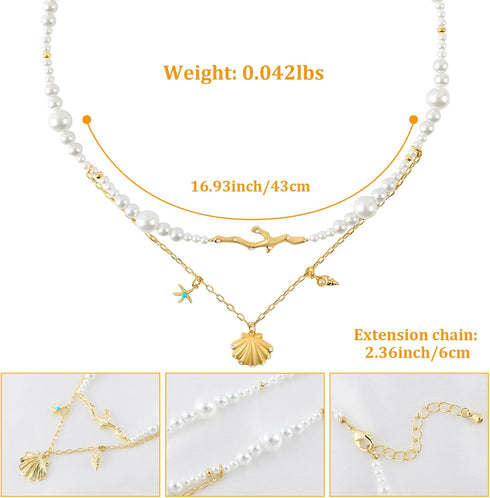 Layered Gold Shell Pendant Pearl Choker Necklace for Women with Coral and Dangle Starfish Conch Charm Necklace Adjustable 14K Gold Plated Link Cha...