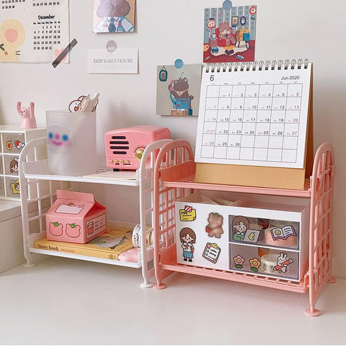 Desktop Rack Cosmetic Stationery Storage Holder, 2-Tier Multifunctional Plastic Shelf Makeup Organizer for Skincare Office Kitchen Bedroom Bathroo...