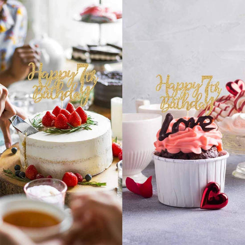 Gold Glitter Happy 7th birthday cake topper, Gold 7 years old birthday party decorations, girl or boy birthday cake toppers...