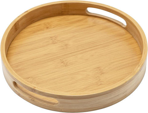 11.8 inch Bamboo Round Serving Tray, Wood Tray with Handles, Natural Wooden Tray for Ottoman, Kitchen/Coffee Table...