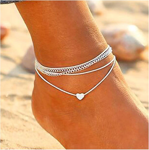 Boho Layered Anklet Bracelet Silver Heart Rope Chain Anklet Summer Beach Love Heart Anklet Bracelets Beach Layering Foot Chain Jewelry for Women...