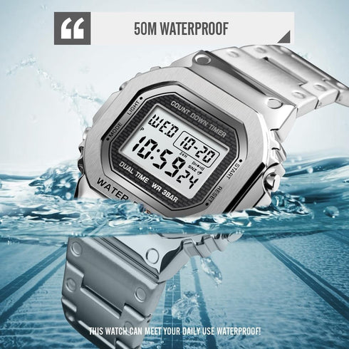 PASOY Men's Digital Multi-Function Watches Stainless Steel Square Case Dual Time Alarm Stopwatch Countdown Backlight Waterproof Watch...