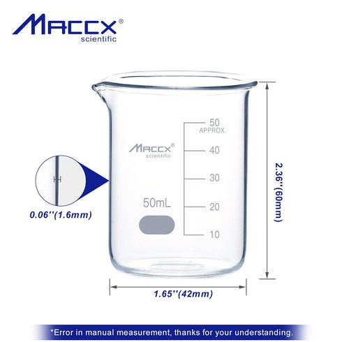 1.7oz(50ml) Sturdy Glass Beaker, 3.3 Borosilicate Griffin Low Form with Printed Graduation, Pack of 10, BKL050-010...