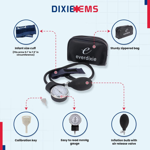 Dixie EMS Deluxe Infant Aneroid Sphygmomanometer Blood Pressure Set W/Infant Cuff, Carrying Case and Calibration Tool Latex Free – Navy...