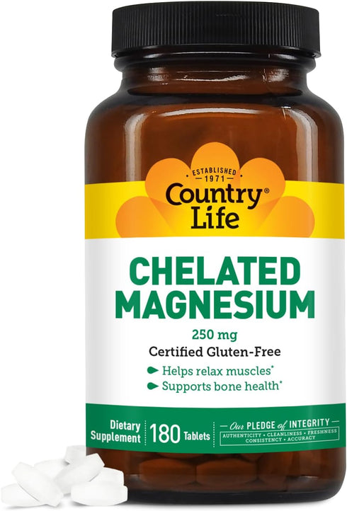 Country Life Chelated Magnesium 250mg - Supports Heart, Bone & Muscle Health, Vegan-Friendly Magnesium Supplement with Magnesium Oxide and Amino A...
