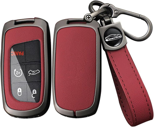ontto Car Key Fob Cover Fit for Jeep Grand Cherokee Key Remote Metal Frame and Leather Key Shell Full Protector Fit for Dodge Challenger Charger D...
