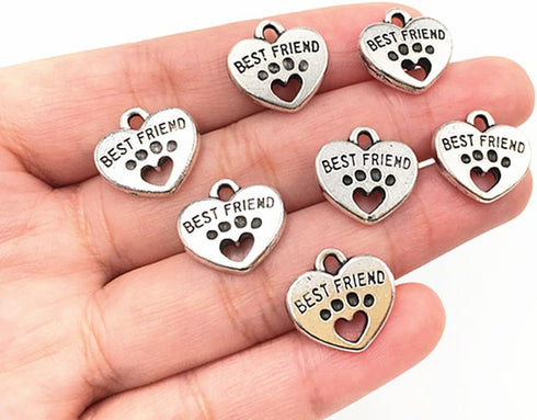 ALIMITOPIA 30pcs Heart Shape Pet Paw Print Best Friend Paw in Heart Lettering Charm Double-sided Pendant for DIY Bracelet Necklace DIY Jewelry Mak...