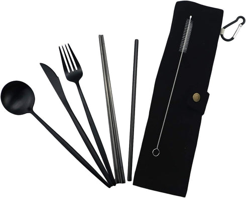 Gugrida Luxury Black Matte Portable 18/10 Stainless Steel Travel Flatware Sets of 7 Portable Camping Cutlery Set, Healthy & Eco-Friendly Flatware ...
