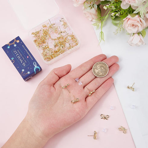 SUNNYCLUE 1 Box 70Pcs Bowknot Post Earring Findings Earring Stud with Hole Earring Posts Gold Earring Stud with Hole Stud Earrings for Jewelry Mak...
