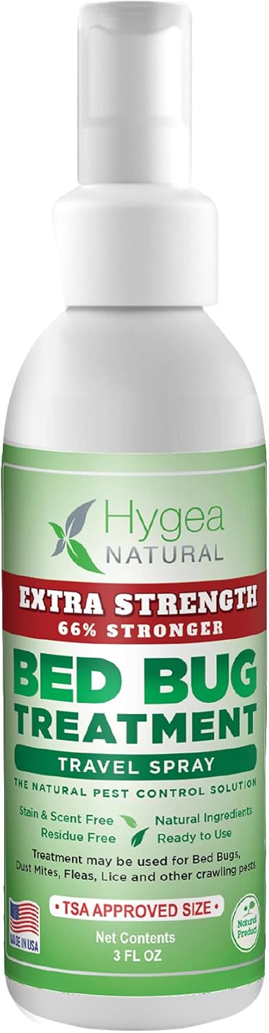 Bed Bug & Mite Extra Strength 3oz Travel Spray by Hygea Natural –TSA approved - New Formula 66% Stronger- Stain & Scent Free Treatment – Natural F...