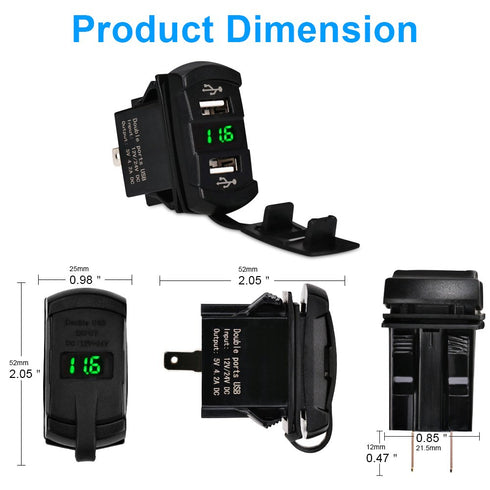 WATERWICH 5V 4.2A Marine Dual USB Car Charger Adapter Socket Waterproof with Led Digital Voltmeter for Universal Rocker Switch Boat RV Vehicle......