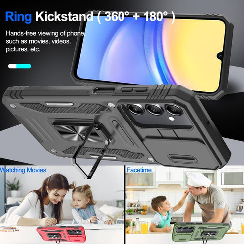for Samsung Galaxy A15 5G Case with Sliding Camera Cover & Tempered Glass Screen Protector + Rotatable Ring Holder Kickstand Shockproof Slim Phone...
