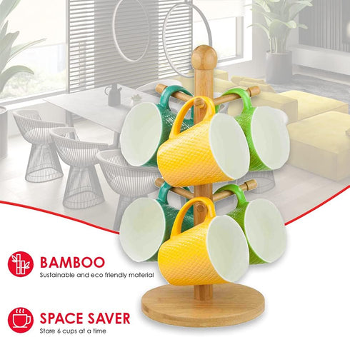 Home Basics Bamboo Mug Tree, Holds Up to 6 Coffee Cups, Free Standing, Circular Base, Kitchen Countertop, Beige (1)...
