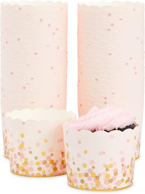 50 Pack Pink and Gold Polka Dot Cupcake Liners Wrappers, Muffin Paper Baking Cup for Wedding & Birthday...