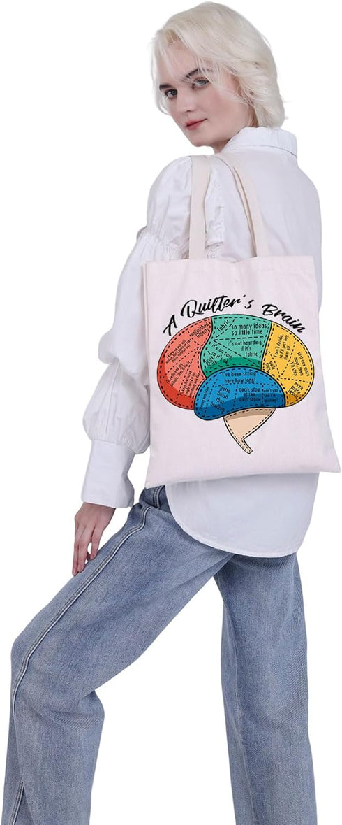 Quilter Tote Bag Funny Quilter Gifts for Quilting Lovers Supplies Bag Quilt Lovers Gift Shopping Bag A Quilter's Brain...
