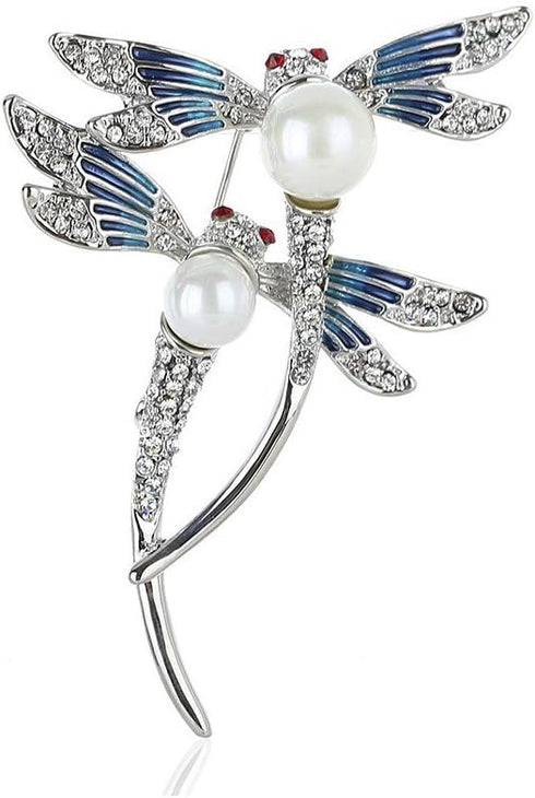 WLLAY Silver Tone Couple Dragonfly with White Pearl Brooch Blue Enamel Insect Pin Broach...