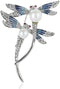 WLLAY Silver Tone Couple Dragonfly with White Pearl Brooch Blue Enamel Insect Pin Broach...
