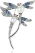 WLLAY Silver Tone Couple Dragonfly with White Pearl Brooch Blue Enamel Insect Pin Broach...