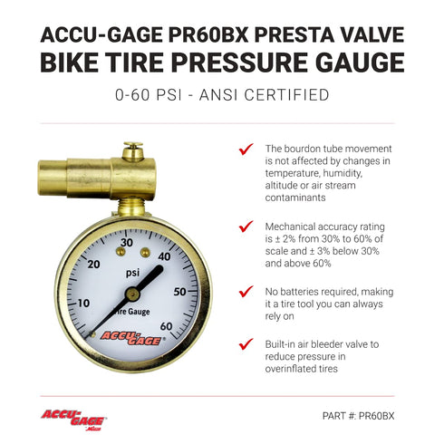 Accu-Gage by Milton Presta Valve Bike Tire Pressure Gauge with Bleeder Valve, for 0-60 PSI - ANSI Certified...