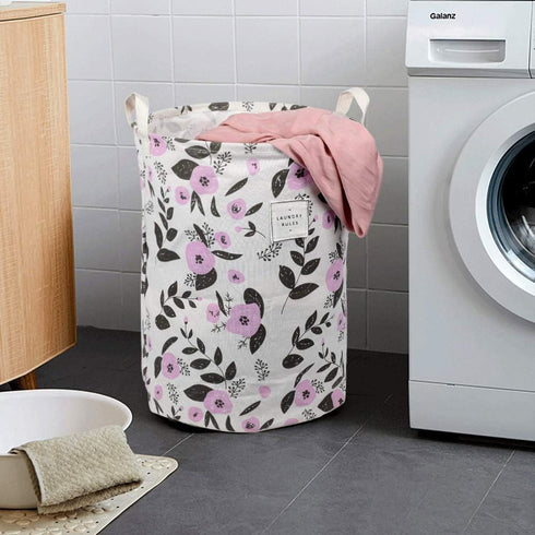 UUJOLY Collapsible Laundry Basket, Laundry Hamper with Handles Waterproof Round Cotton Linen Laundry Hamper Printing Household Organizer Basket, 1...