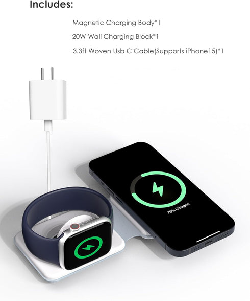 15W Portable Magnetic Wireless Charging Station Compatible with Mag-Safe Charger and iPhone15/pro max/14/13/12,for Apple Watch/iWatch Ultra/Series...
