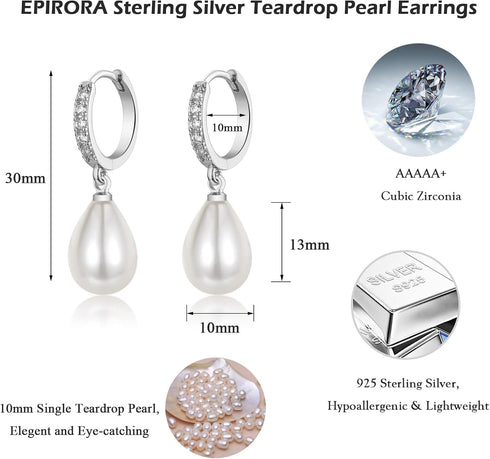 EPIRORA Sterling Silver Simulated Shell Pearl Hoop Earrings Cubic Zirconia Dangle Drop Earrings Jewelry for Women 10mm, Silver (Teardrop)...