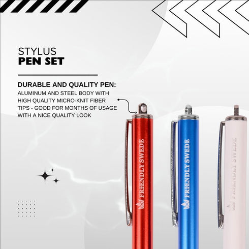The Friendly Swede Set of 3 Fiber Tip Stylus Pens for Touch Screens, Stylus Pen for iPad, iPad Pen, iPad Stylus - Retail Packaging - Incl. 6 Lanya...
