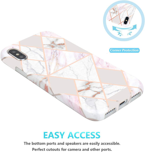JAHOLAN Compatible iPhone X Case iPhone Xs Shiny Rose Gold Geometric Marble Design Clear Bumper Glossy TPU Soft Rubber Silicone Cover Phone Case -...