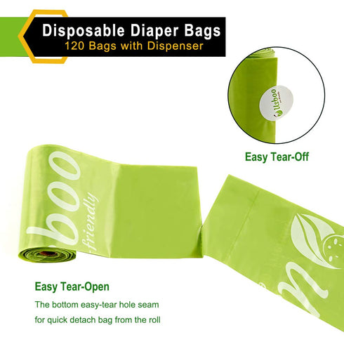 Baby Disposable Diaper Bags, Waste Bags 8 Refill Rolls/120 Bags with Dispenser, Convenient and Quick Diaper Disposal, Unscented...