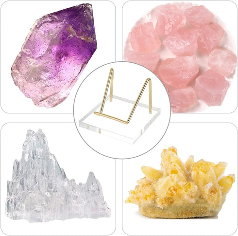 FINGERINSPIRE Acrylic Stone Display Stand 2.56x2.56x2inch Square Base Golden Iron Arm Mineral Specimens Display Easel Holders Item Stand for Gemst...