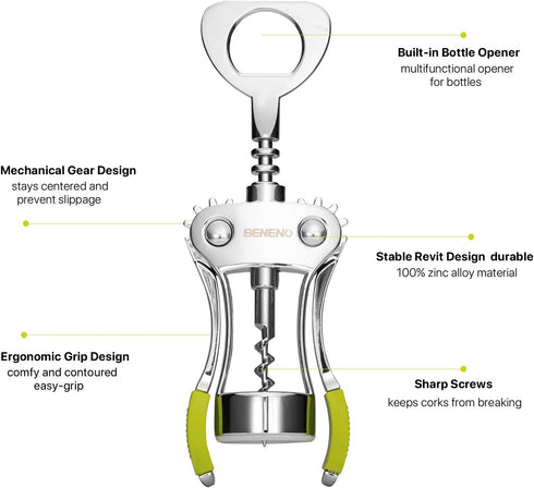 Beneno Wine Opener, Zinc Alloy Premium Wing Corkscrew with Multifunctional Bottles Opener, Sharp Wine Corkscrew with Ergonomic Non-Slip Wing Handl...