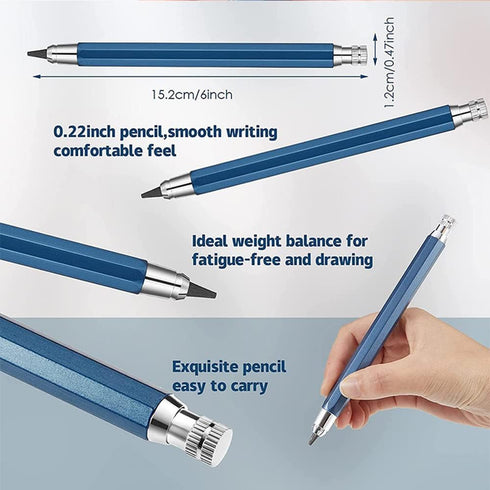 5.6mm metal drawing pencil with 4 2B 4B 6B 8B lead sets professional art sketch mechanical pencil Kawaii stationery can be filled (Blue)...