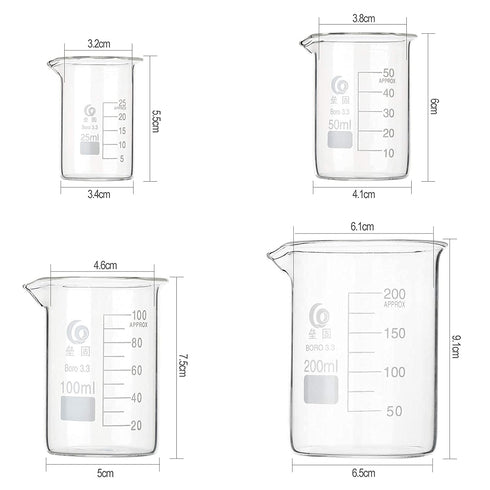 Glass Beaker Set, 4 Pack Graduated Measuring Beakers 25ml 50ml 100ml 200ml Low Form Griffin Thick Wall Lab Beakers with 4 Pcs 1ml Glass Pipette...