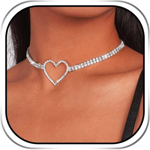 EARENT Rhinestone Choker Necklaces Silver Heart Necklace Chain Sparkly Tennis Chain Neck Jewerly Adjustable for Women...