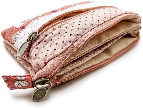 Women Small Zipper Coin Purse - Handmade Fabric Flower Embroidered Change Pouch - Cotton Double Zipper Wallet...