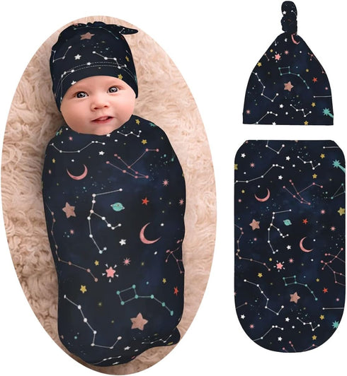 Space Galaxy Constellation Swaddle with Beanie Set, Soft and Stretchy Space Baby Stuff Blanket Swaddle Sleep Sack for Newborn Boy and Girl...
