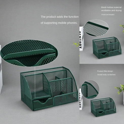 Green Desk Organizer Mesh Drawer Storage Accessories with 6 Compartments and Drawer, Desktop Caddy Storing Stationery Trinkets Cosmetics Jewelry E...