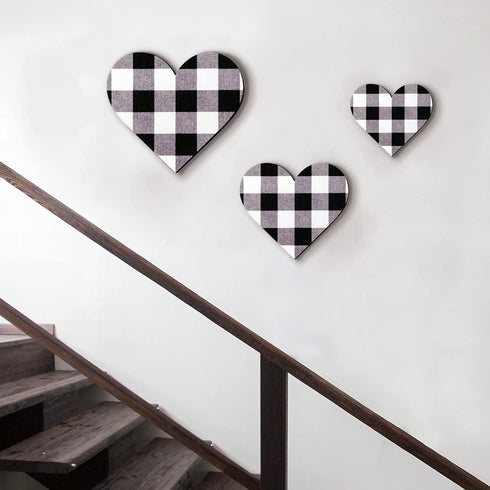 Jetec 3 Pcs Heart Shaped Wood Sign Gray Purple Buffalo Plaid Decor Wooden Heart Wall Sign Rustic Hanging love Plaque Wall Decor for Kitchen Bedroo...