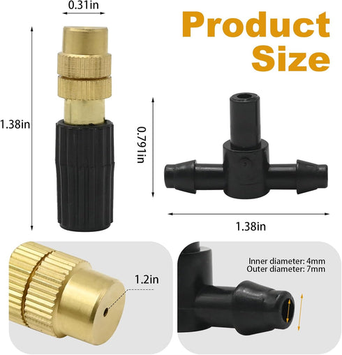 3-Way Atomizing Nozzle with Drip Irrigation Connector Irrigation Nozzle for 1/4-inch Drip Tubing Brass Misting Nozzles Tees for Gardens, Irrigatio...