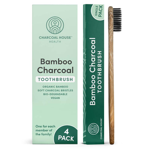 4-Pack Adult Organic Bamboo Charcoal Toothbrushes Set - Biodegradable & Natural - Perfect for Adults Aesthetic - with Soft Bristles for Gentle Bru...