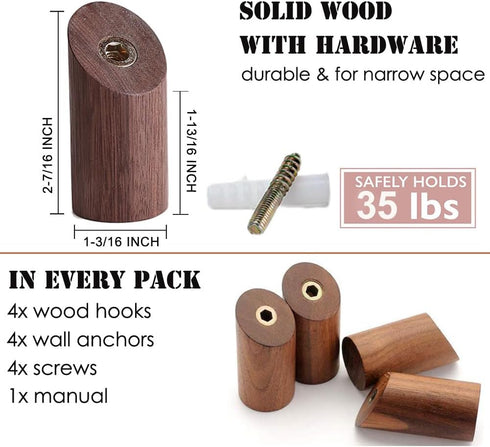 Wood Wall Hooks, 4 Pack Coat Hooks Wall Mounted, Rustic Wooden Heavy Duty Robe Hook Hat Rack, Hooks for Hanging Bathroom Towels Clothes Hanger (Wa...