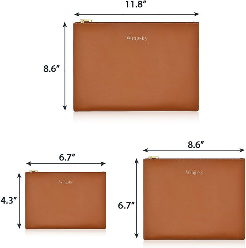 3 Pack Makeup Bag for Purse, Vegan Leather, Travel Makeup Pouch Cosmetic Bag Zipper Pouch Bags,Travel Toiletry Bags for Women (Camel Brown, 12.6x9...