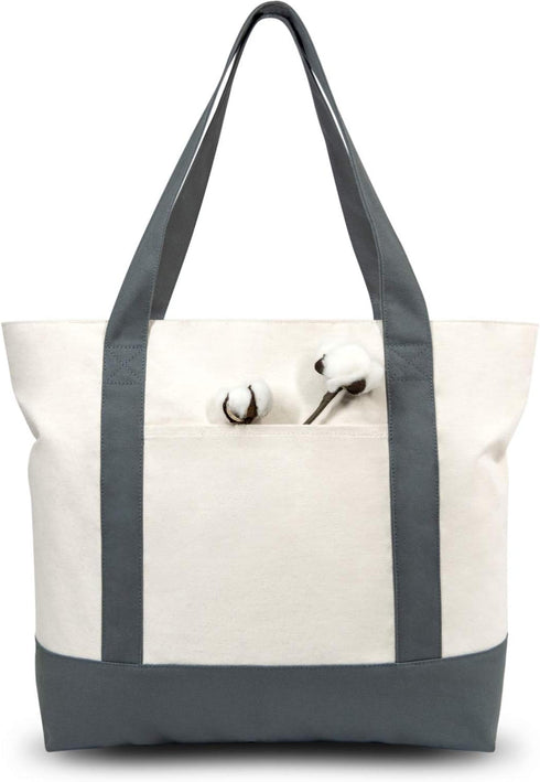 TOPDesign 1-Pack Canvas Tote Bag with an External Pocket, Reusable Grocery Shopping Bag, Top Zipper Closure, Daily Essentials (Grey/Natural)...