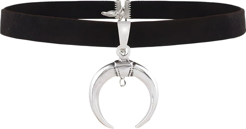 Black Suede Leather Choker Necklace with Silver Crescent Moon Pendant for Women Men...