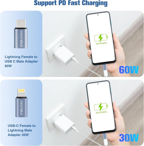 Lightning Female to USB-C Male Adapter(60W 1 Pack) & USB-C Female to Light-ing Male Adapter (30W 1 Pack) Compatible with iphone charger and More U...
