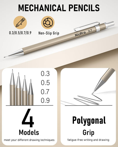 Nicpro 5 PCS Art Mechanical Pencils Set, Metal Drafting Pencil 0.3 & 0.5 & 0.7 & 0.9 & 2mm Graphite Lead Holder(4B 2B HB 2H Colored) for Sketching...